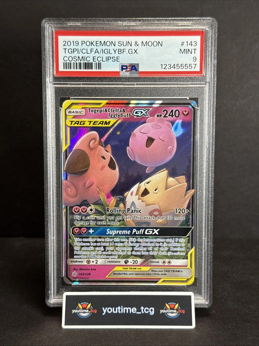 2019 Pokemon Sun & Moon Cosmic Eclipse Togepi & Cleffa & Igglybuff GX PSA 9