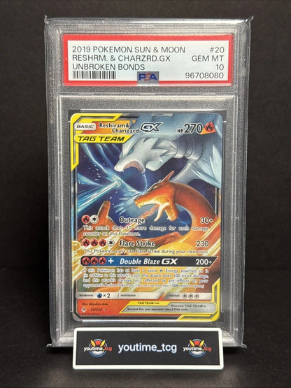 2019 Pokemon Sun & Moon Unbroken Bonds #20 Reshiram & Charizard GX PSA 10