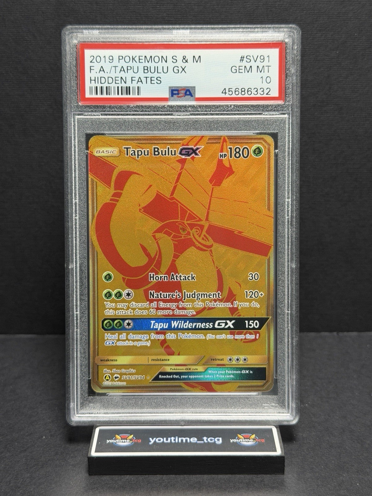 2019 Sun & Moon Hidden Fates Shiny Vault: Full Art Tapu Bulu GX #SV91 PSA 10