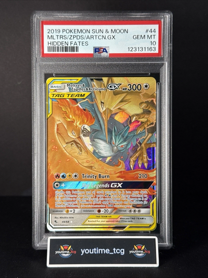 2019 Pokemon Sun & Moon Hidden Fates Moltres Zapdos & Articuno GX #44 PSA 10