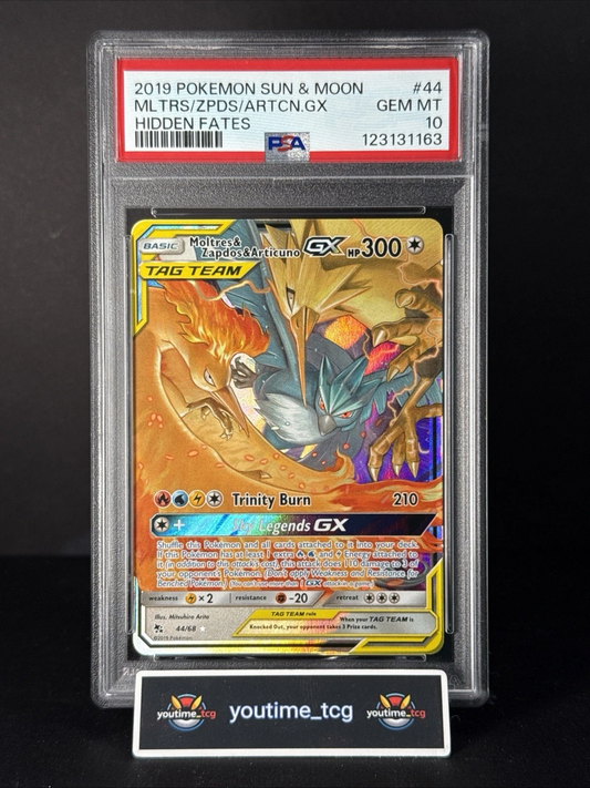 2019 Pokemon Sun & Moon Hidden Fates Moltres Zapdos & Articuno GX #44 PSA 10