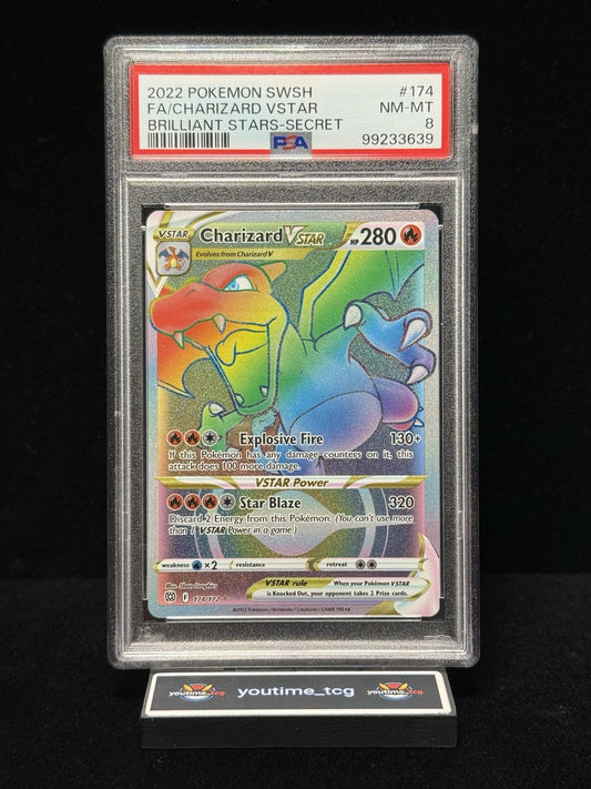 2022 Pokemon Sword & Shield Brilliant Stars Fa Secret Charizard Vstar #174 PSA 8