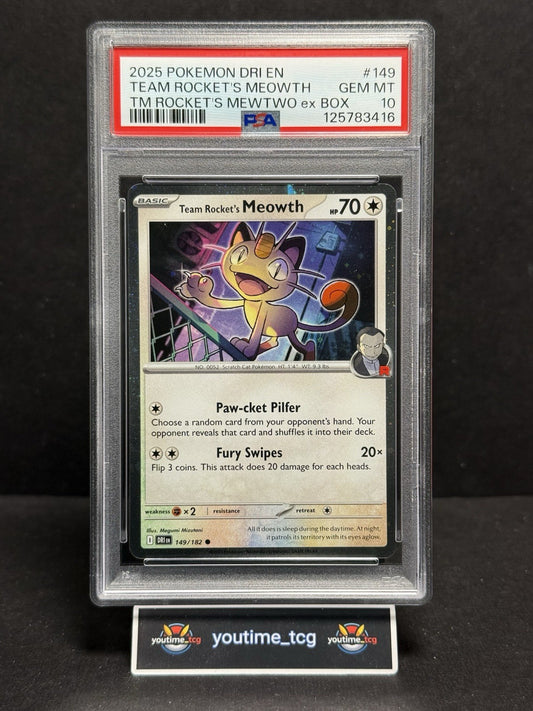 2025 Pokemon Destined Rivals Team Rocket's Mewtwo Ex Box Meowth #149 PSA 10
